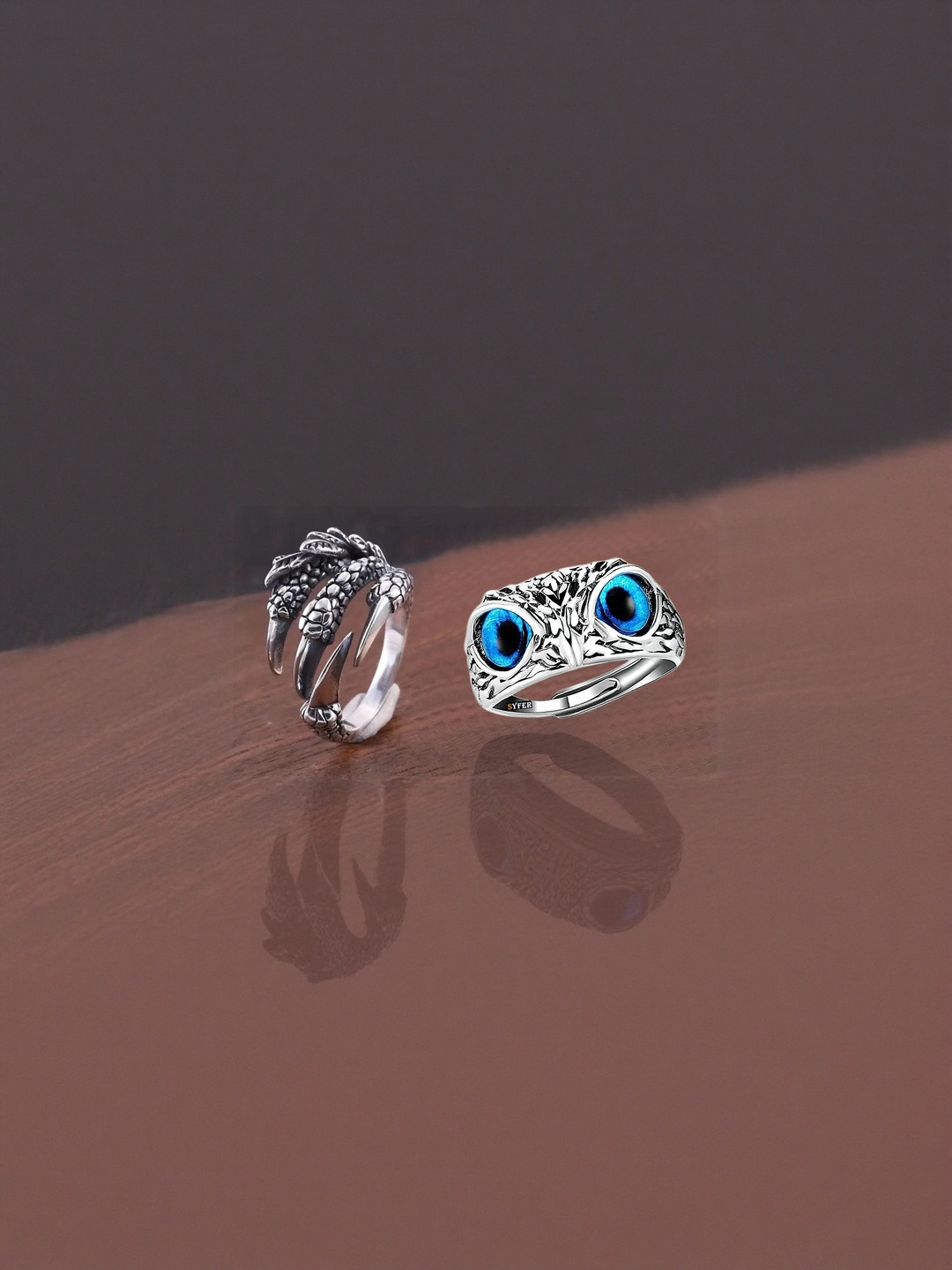 Teeragaj Set Of 2 Clone & Owl Eye Adjustable Finger Rings