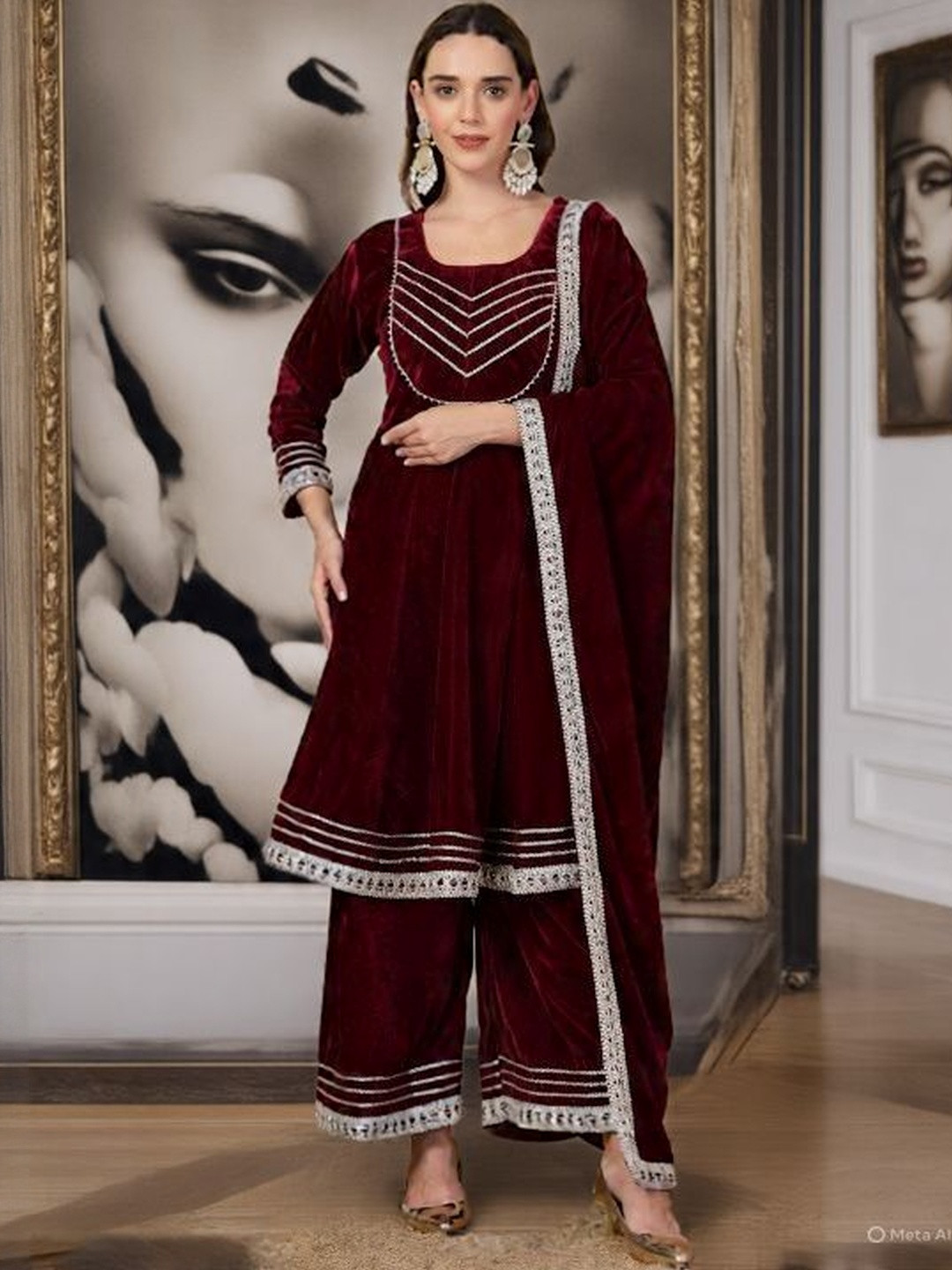 Moda Rapido Yoke Design Gotta Patti Velvet Anarkali Kurta Set With Palazzos & Dupatta