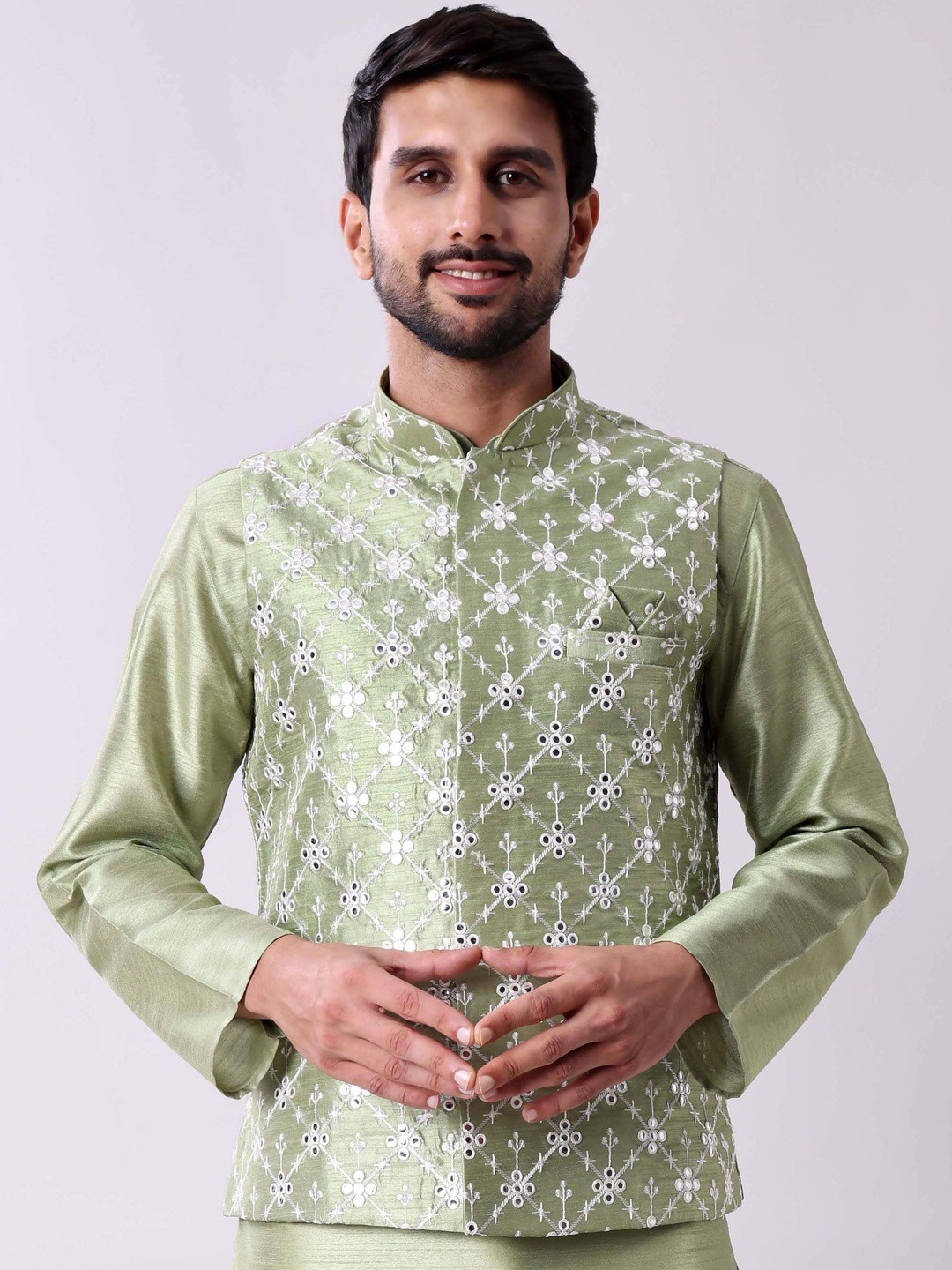 MAAHI FABS Band Collar Mirror Work Straight Kurta With Pyjamas & Nehru Jacket