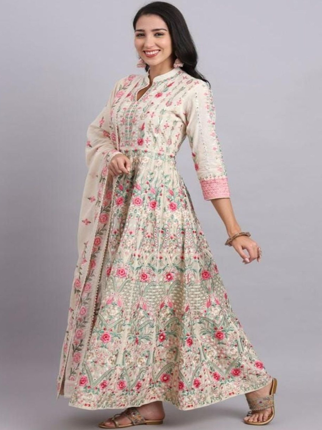 Lenims Floral Printed Pure Cotton Fit & Flare Maxi Ethnic Dress With Dupatta