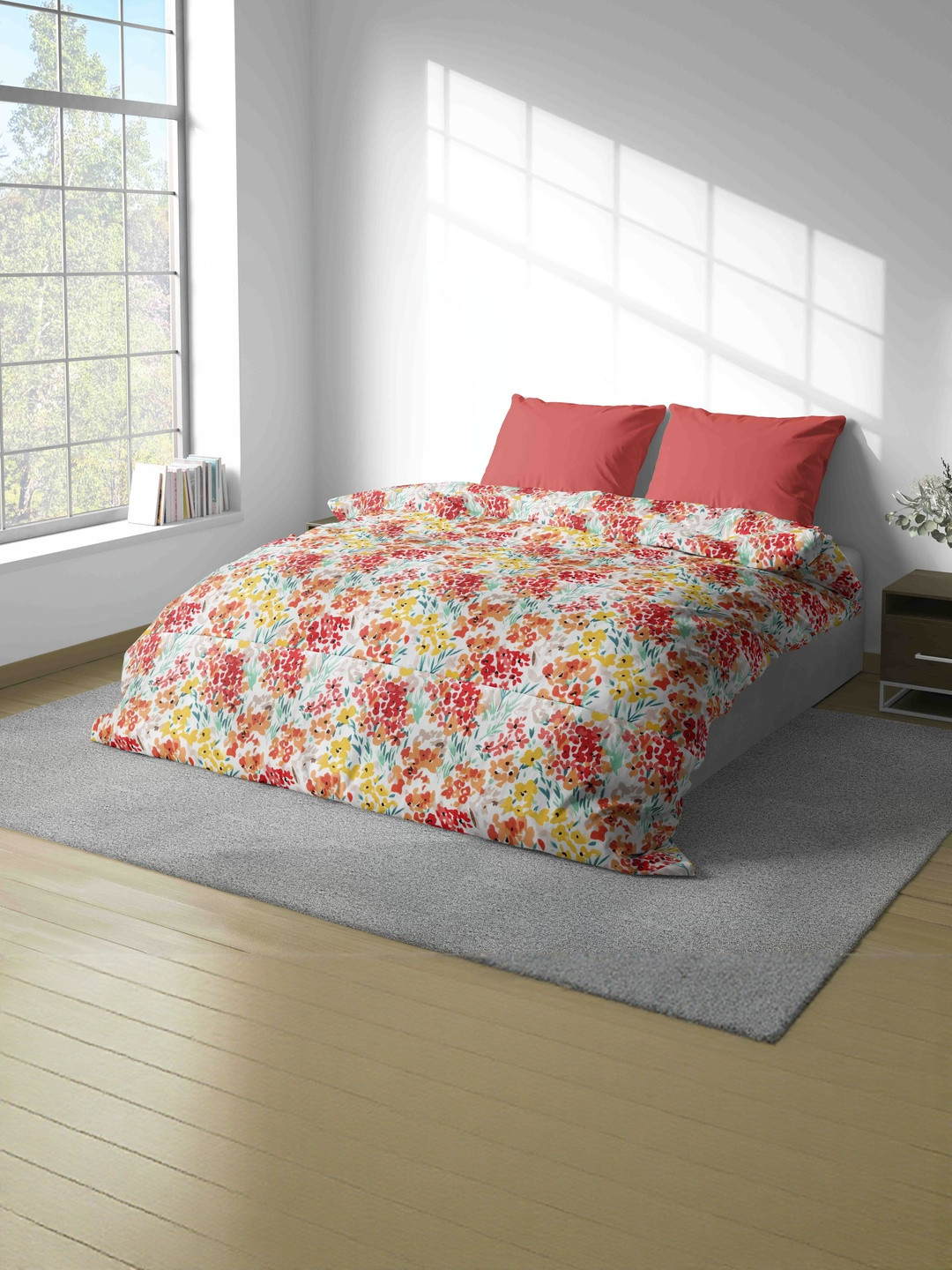 Ackross Red & Orange Colored Printed Microfiber 90 GSM Mild Winter Reversible Dohar