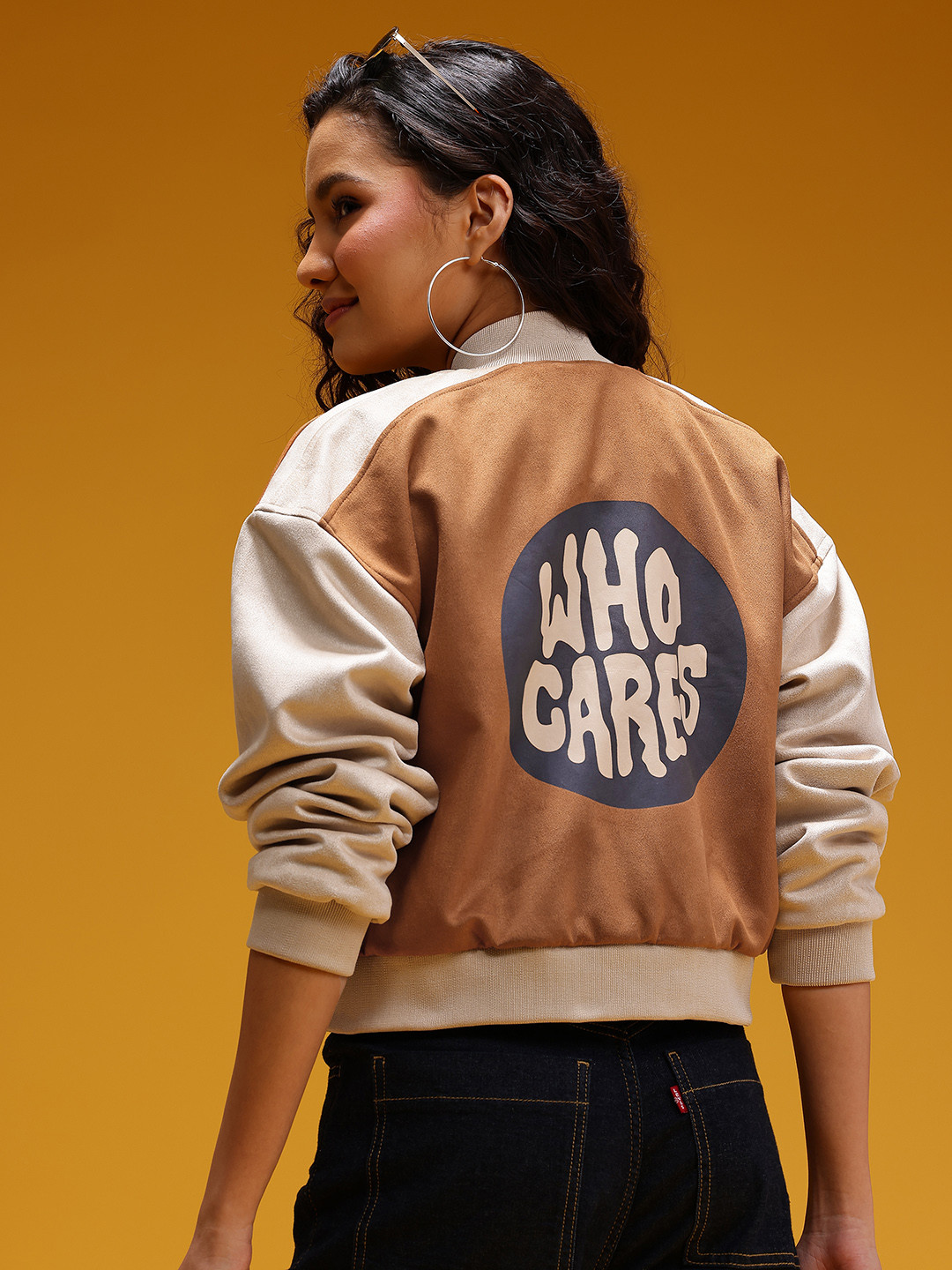 HERE&NOW Typography Print Suede Finish Varsity Jacket