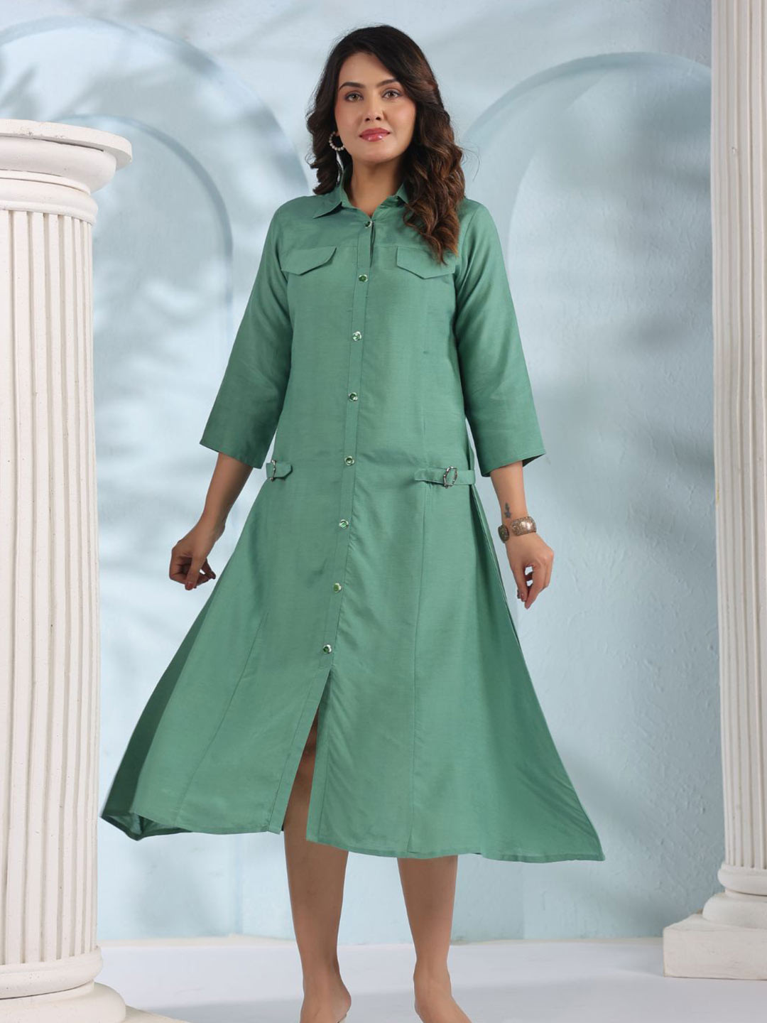 Kaftanize Women Sage Green Shirt Collar Midi Dress
