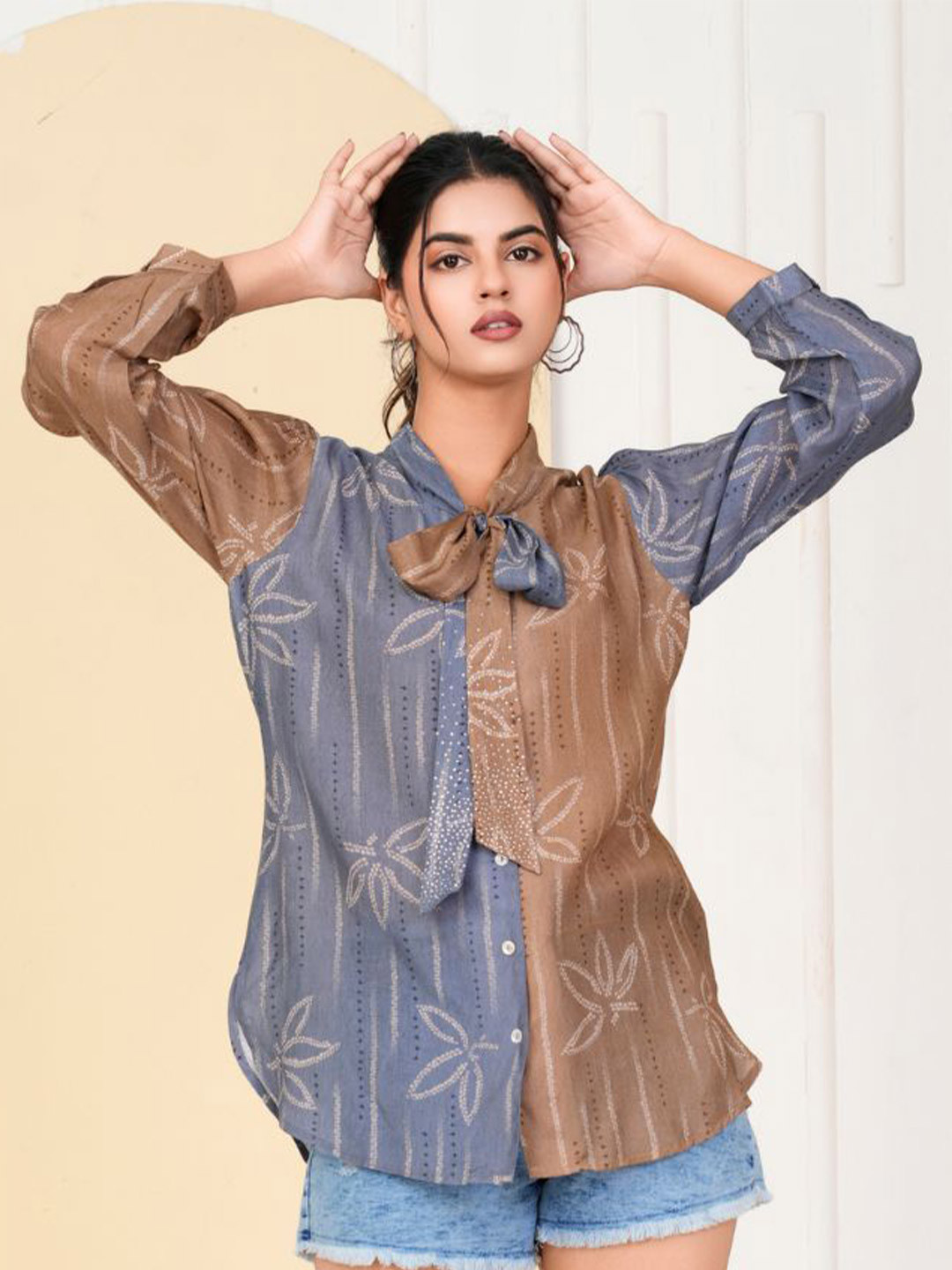 Kaftanize Women Comfort Relaxed Fit Floral Printed Denim Weave Bow-Tie Casual Shirt