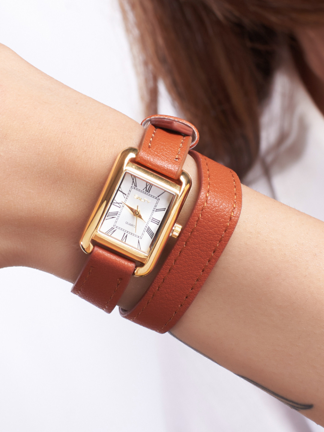 SALTY Women Tan Vintage Muse Grey Leather Strap Wrapable Watch