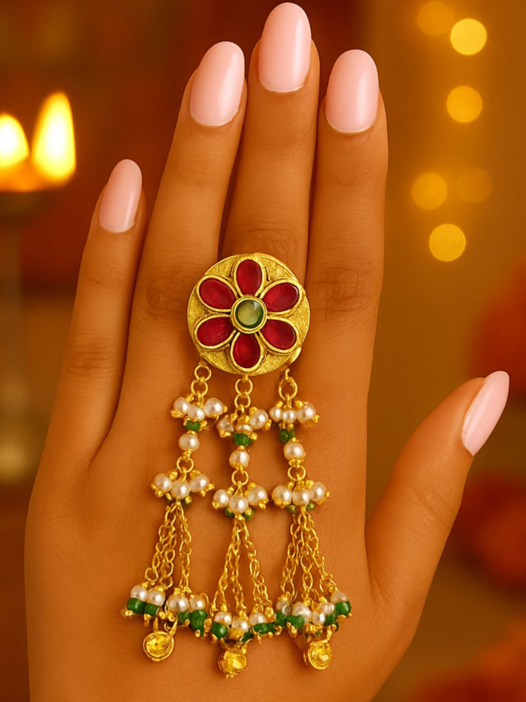 I Jewels Gold-Plated Stone-Studded & Pearls Beaded Adjustable Dangle Finger Ring