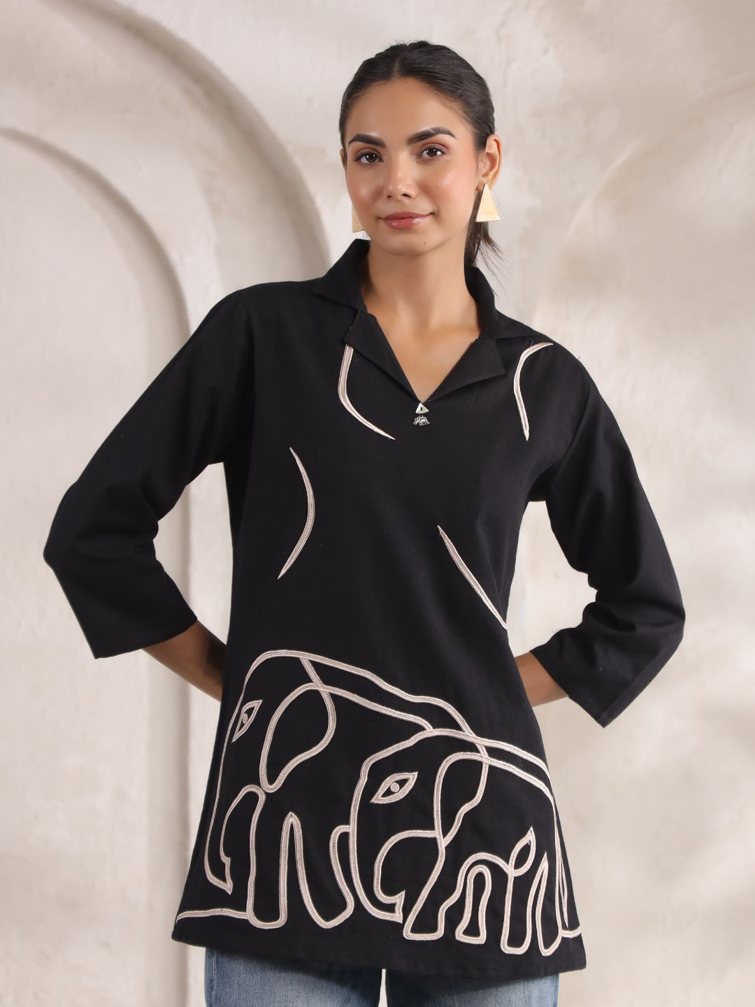 Kaftanize Solid black Base Cream Embroidered Elephant Motiff Detail Cotton Flex Tunic