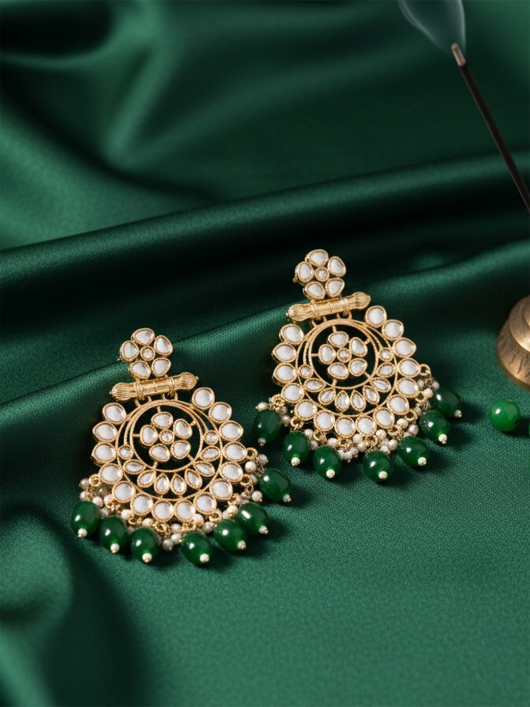 PANASH Gold Plated Artificial Stones Studded And Beaded Circular Shaped Drop Earrings