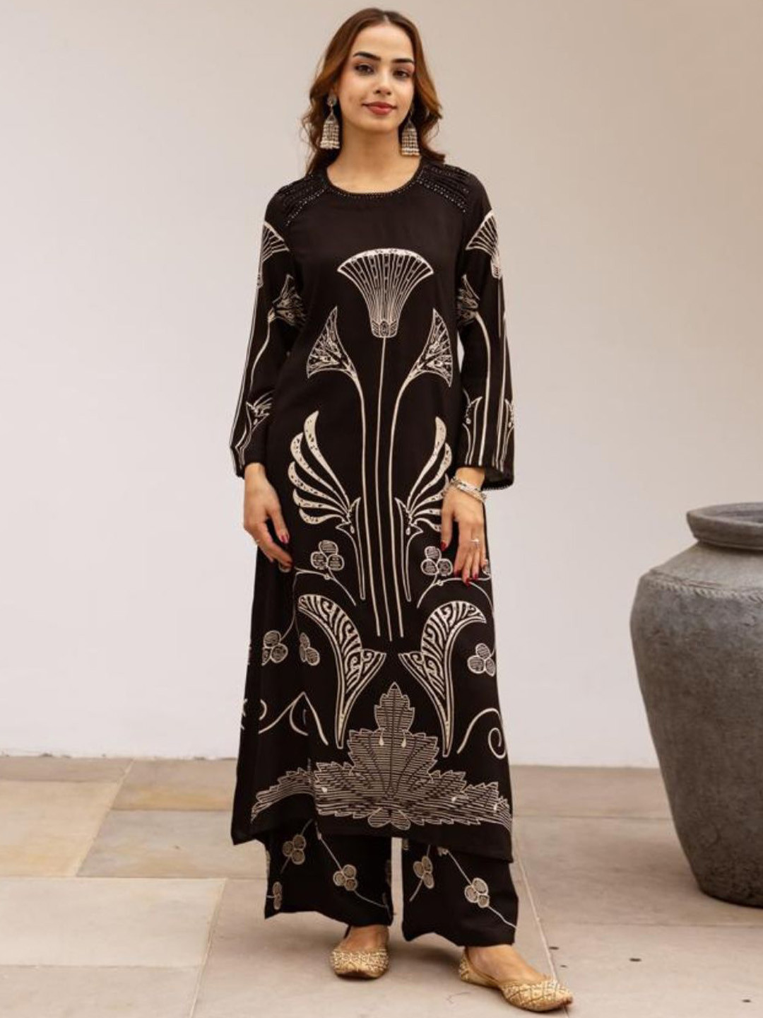 Kaftanize Women Black Orchid Botanical Printed with Beads Work Detailed Long Kurta Set