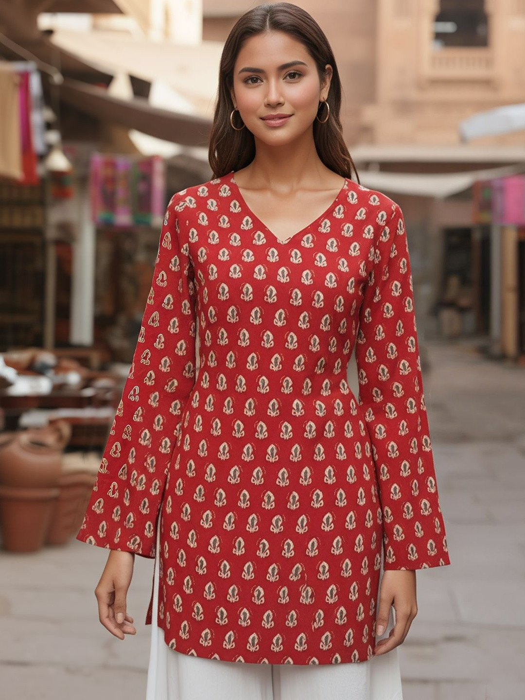 Aaghnya Women Ethnic Motifs Printed V-Neck Long Sleeves Kurtis