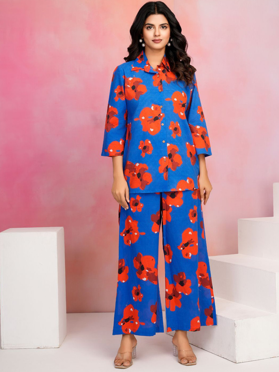 Kaftanize Women Blue Floral Shirt With Trousers Co-Ords