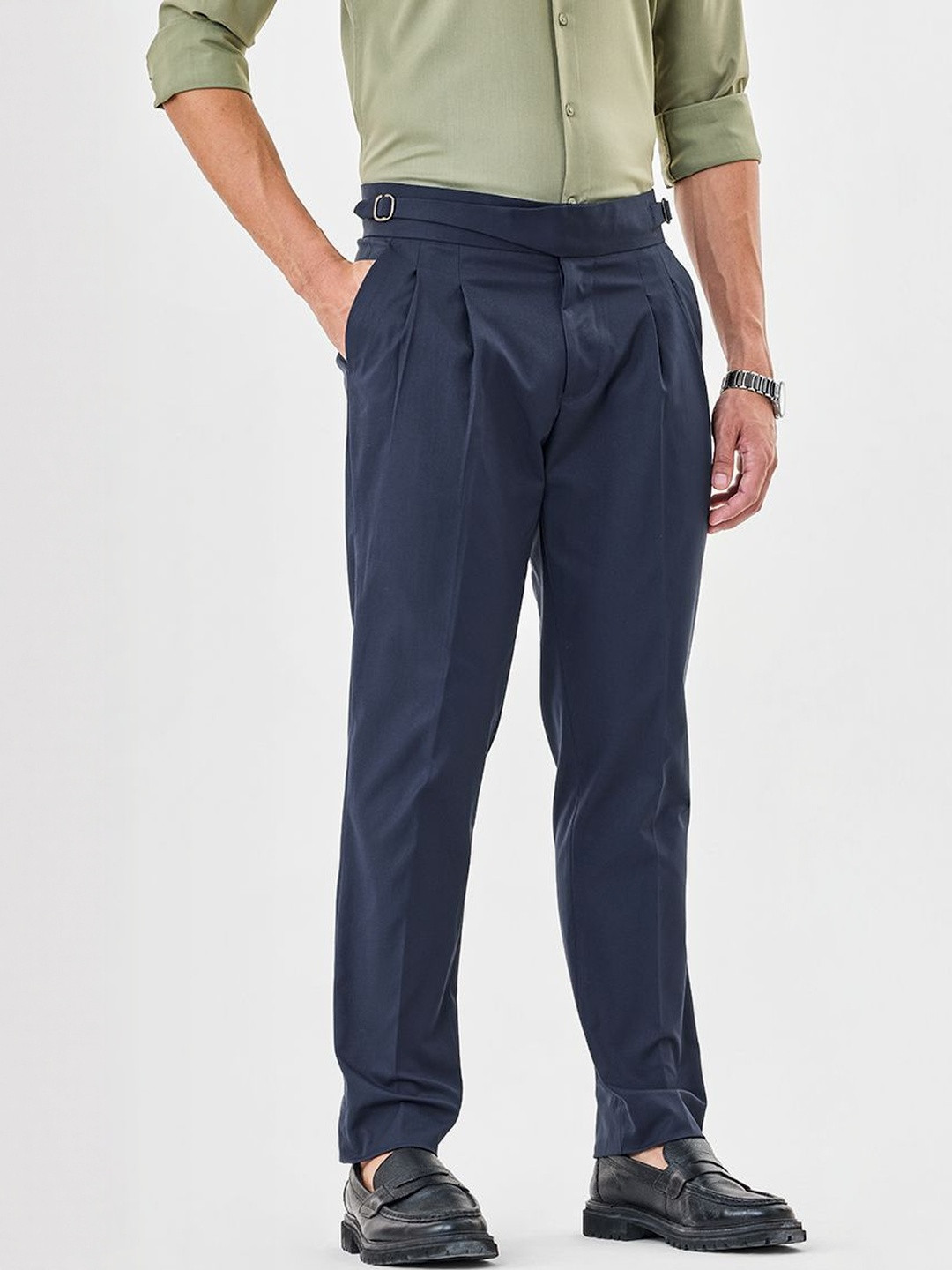 Snitch Men Navy High-Rise Wrinkle Free Pleated Formal Regular Fit Trousers