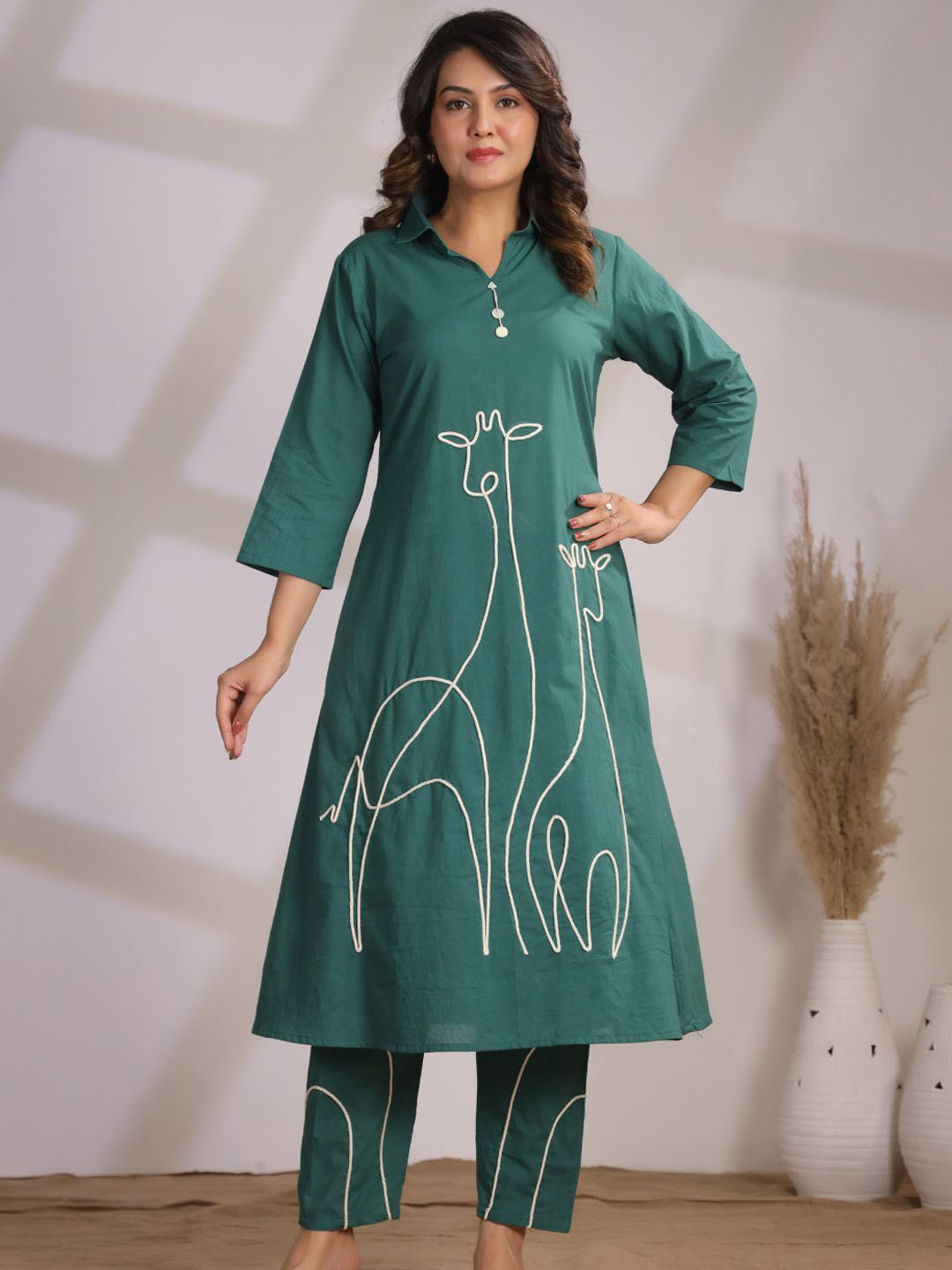 Kaftanize Women Animal Motiff Cord Work Pure Cotton Ethnic Kurta Sets