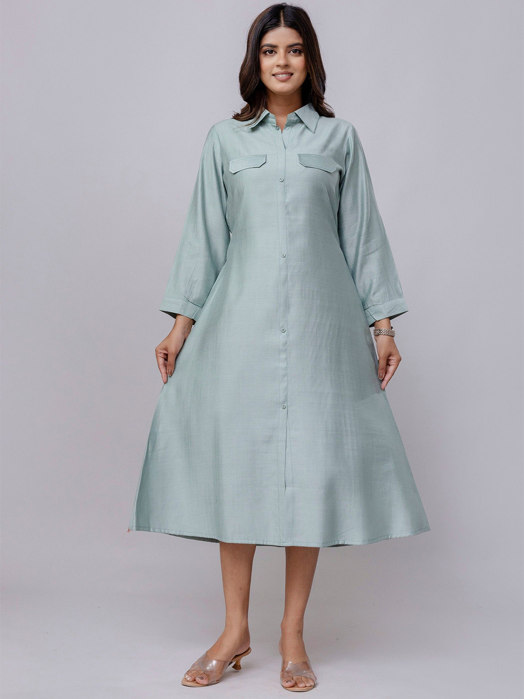 RAISHREE Mintgreen Women Solid Shirt Collar Midi A-Line Dress