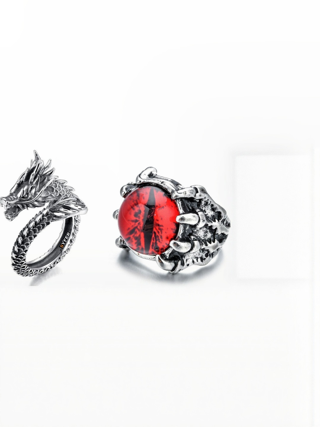 Teeragaj Set Of 2 Red Eye Stone Studded & Dragon Finger Rings