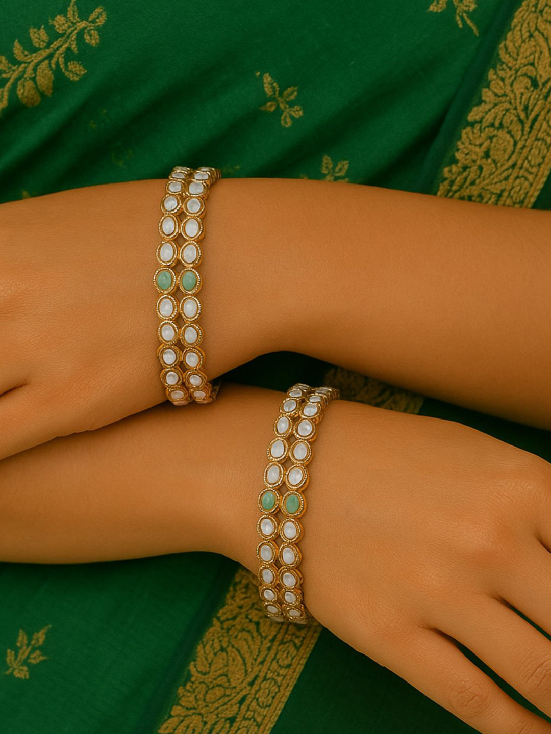 I Jewels Set of 2 Mint Green Gold-Plated Stone Kada Bangles