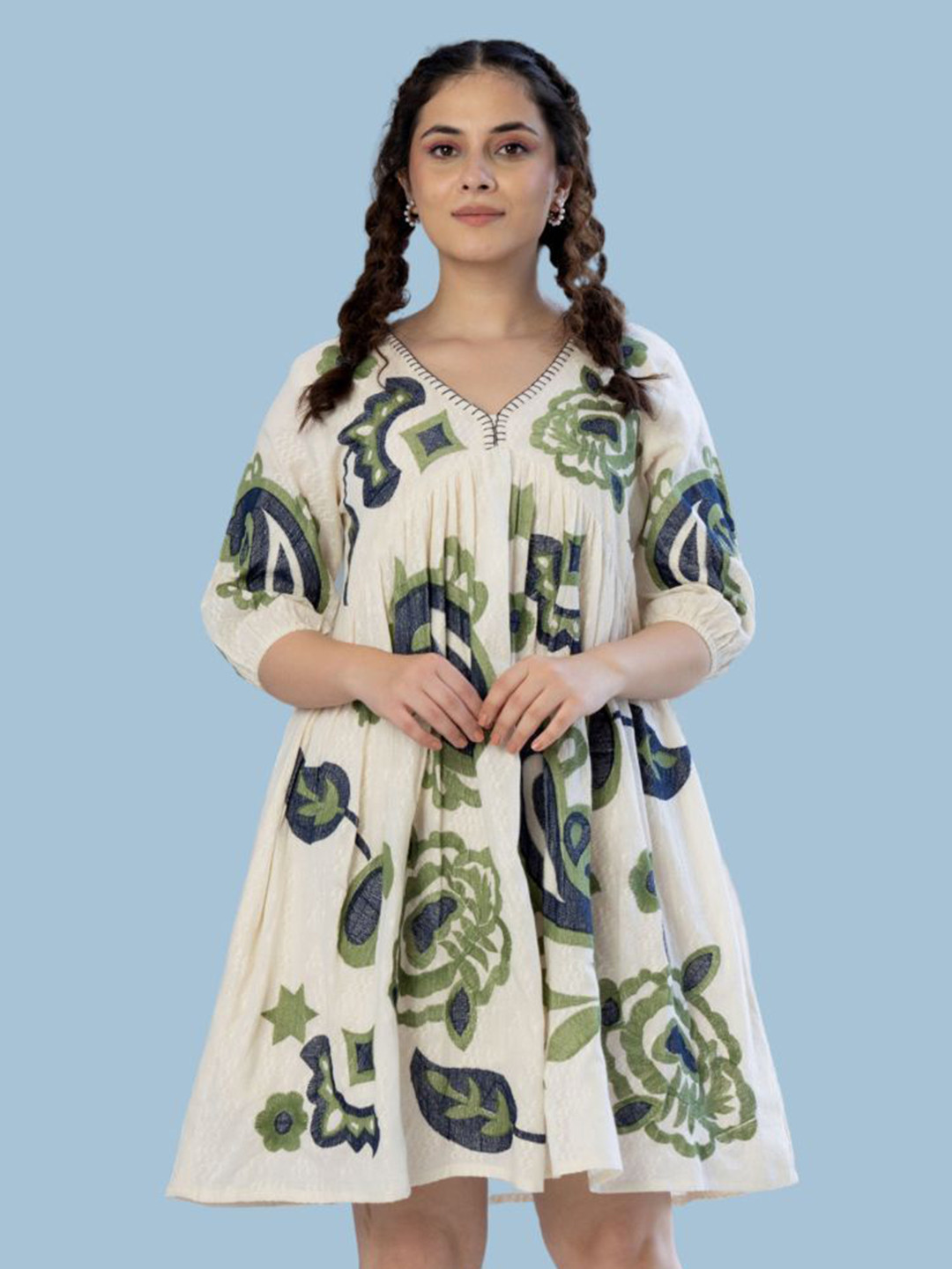 Kaftanize Women paisley & flower motif embroidered mini dress in cotton