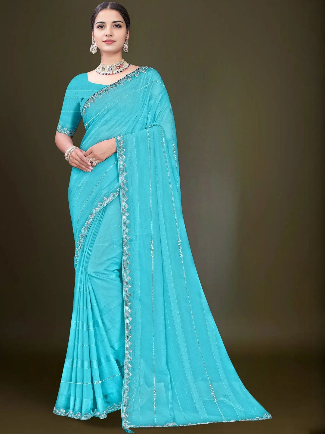 DESI RIWAAZ Embellished Sequinned Pure Georgette Heavy Work Fashion Saree