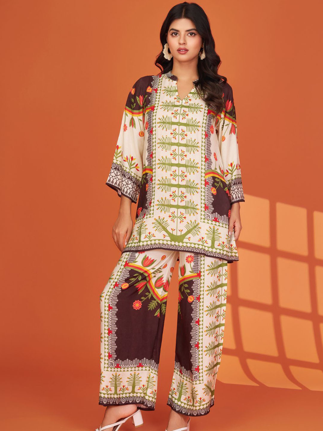 Kaftanize Sequined Botanical Printed Organic Cotton Tunic With Palazzos Co-Ords