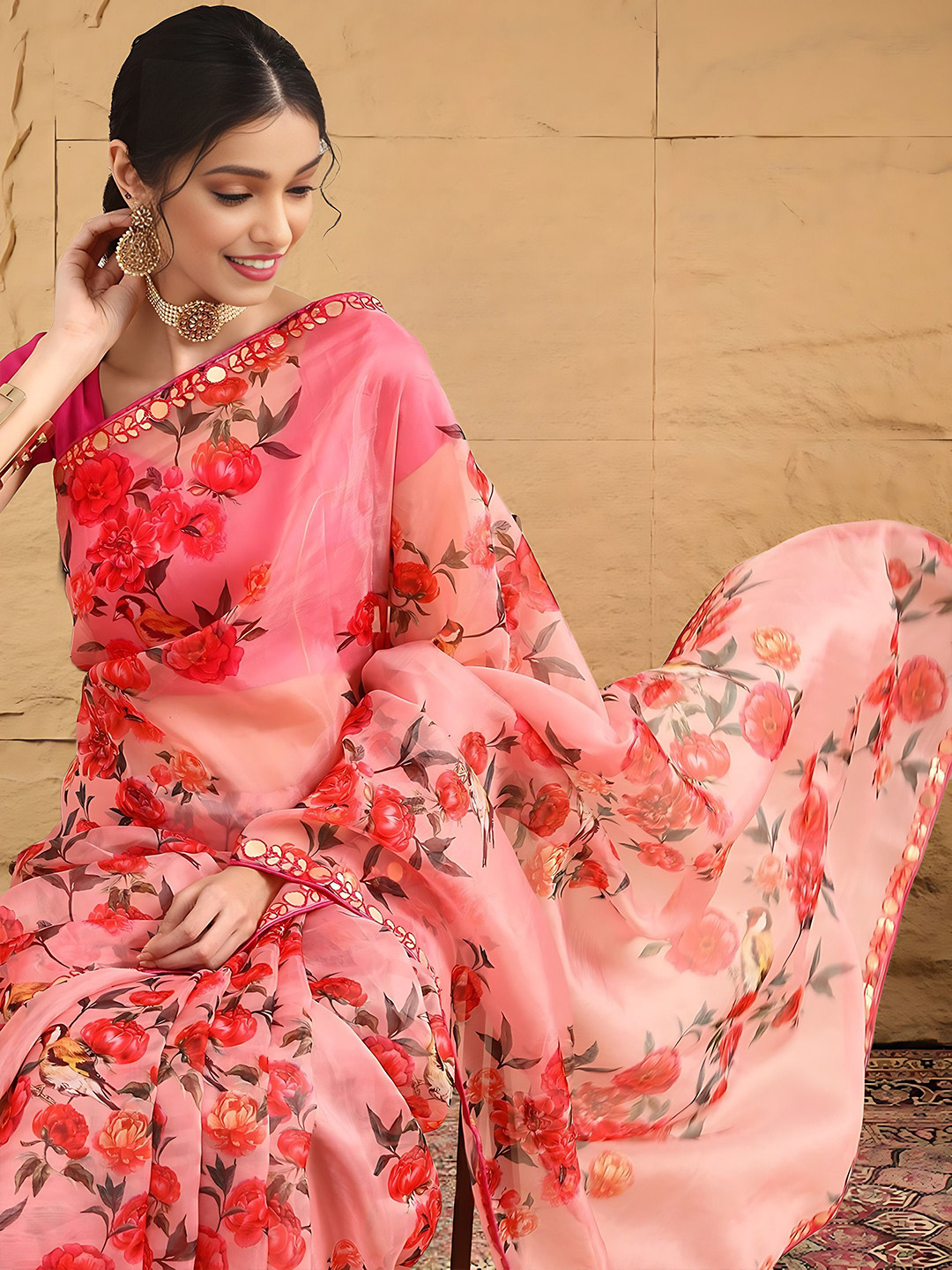 House of Pataudi Floral Printed Rajasthani Gota Patti Saree With Stitched Blouse