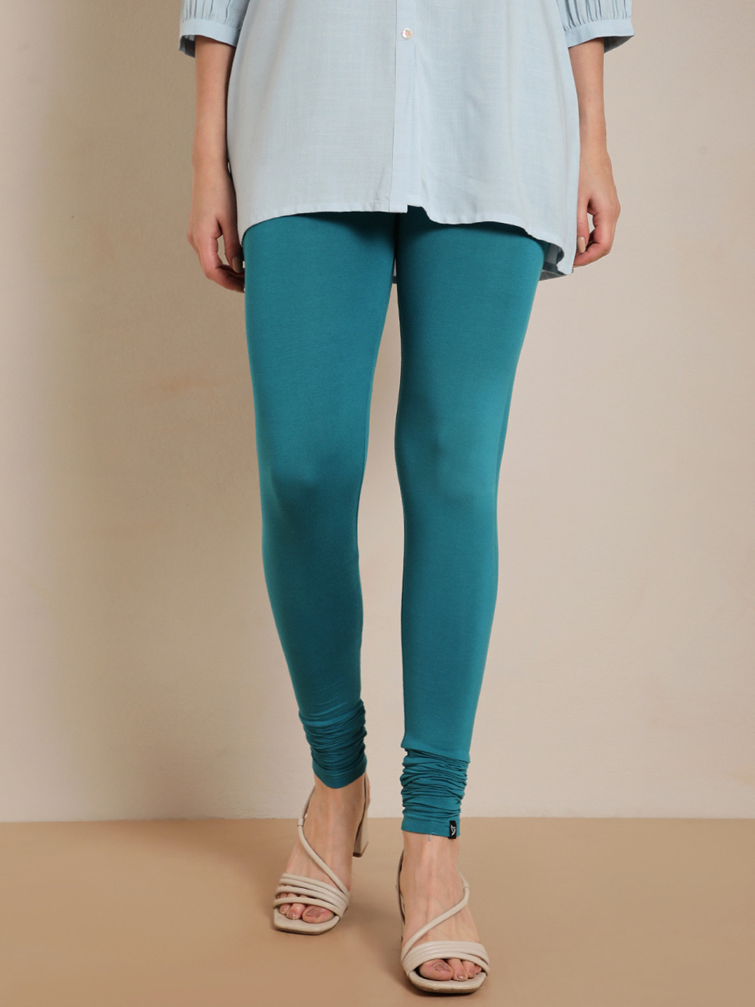 TWIN BIRDS Women Teal Blue Solid Churidar-Length Leggings