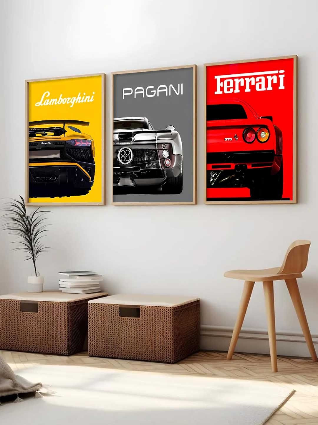 WALLLANE Yellow And Red 3 Pieces Wooden Sports Car Framed Wall Photographs