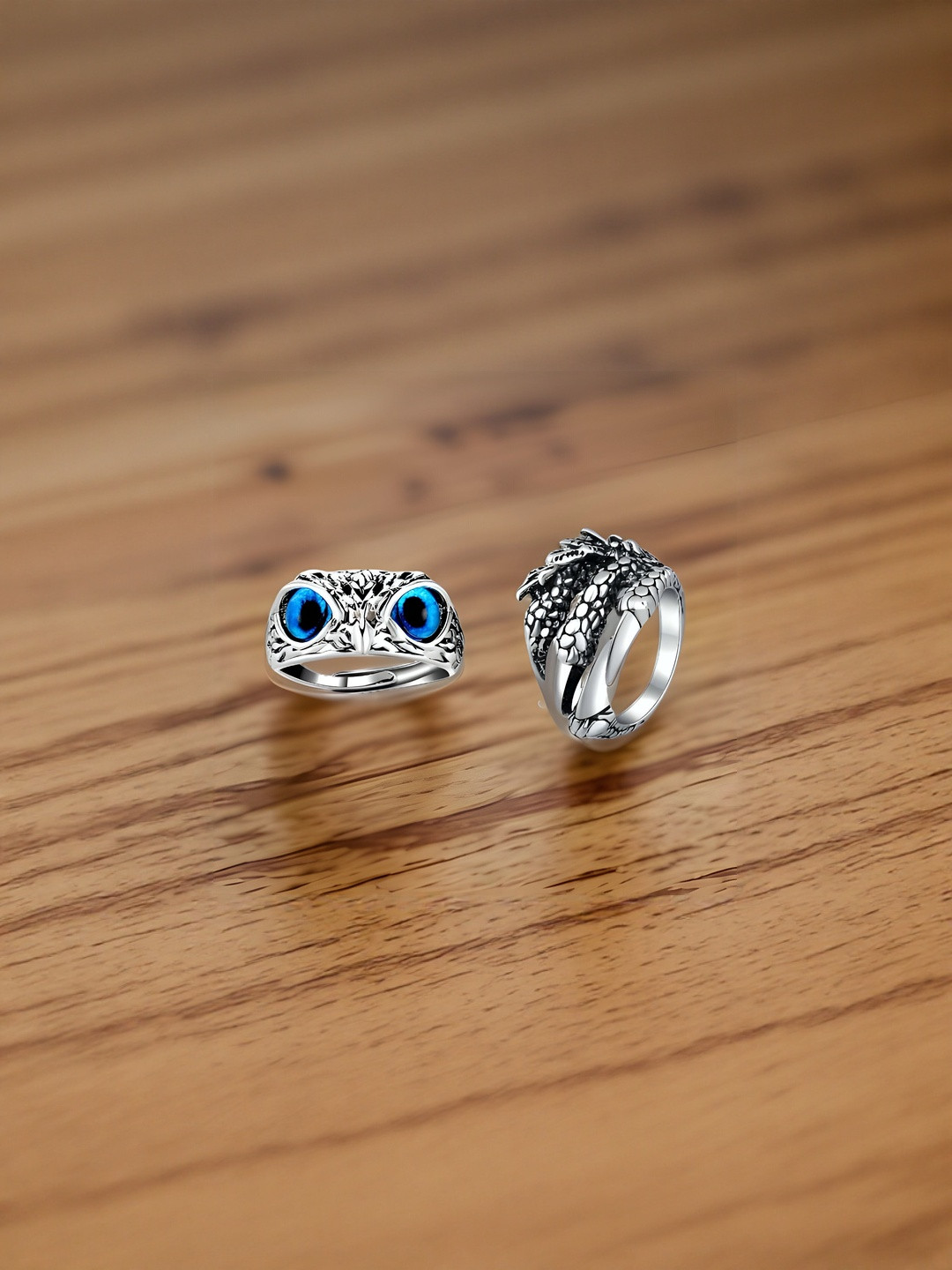 Teeragaj Set of 2 Silver-Toned Owl & Dragon Shaped Adjustable Finger Ring