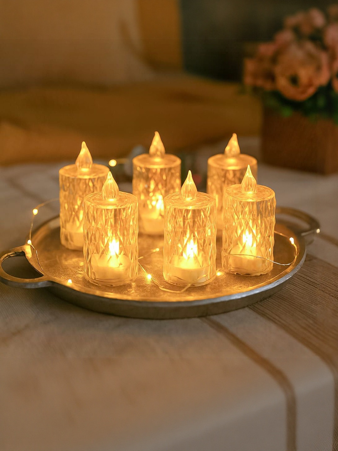HINDCRAFT Off White Set of 6 Crystal LED Candle Lights