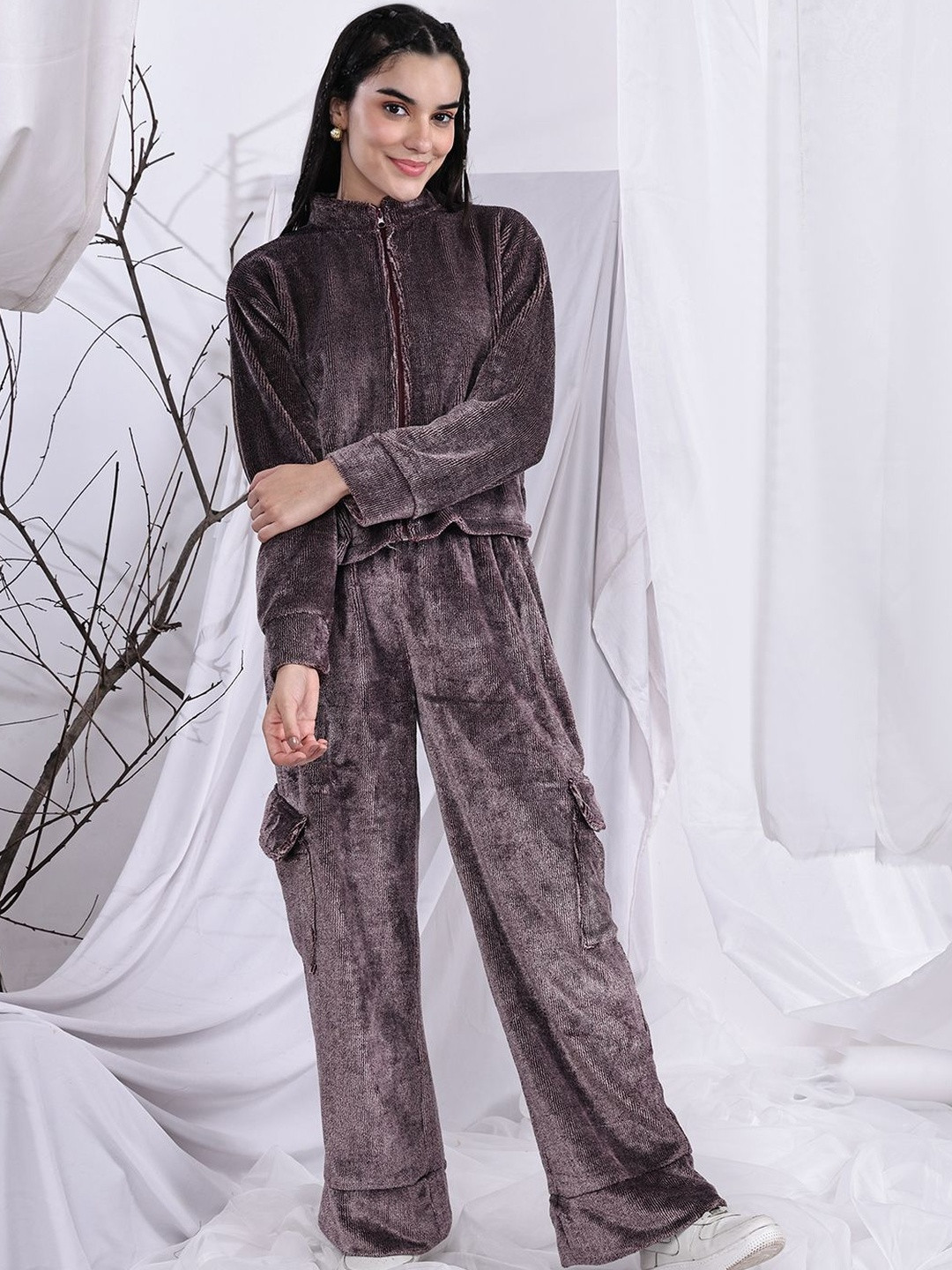 HERE&NOW Women Charcoal Grey Velvet Zip-Up Jacket & Trouser Co-Ord Set