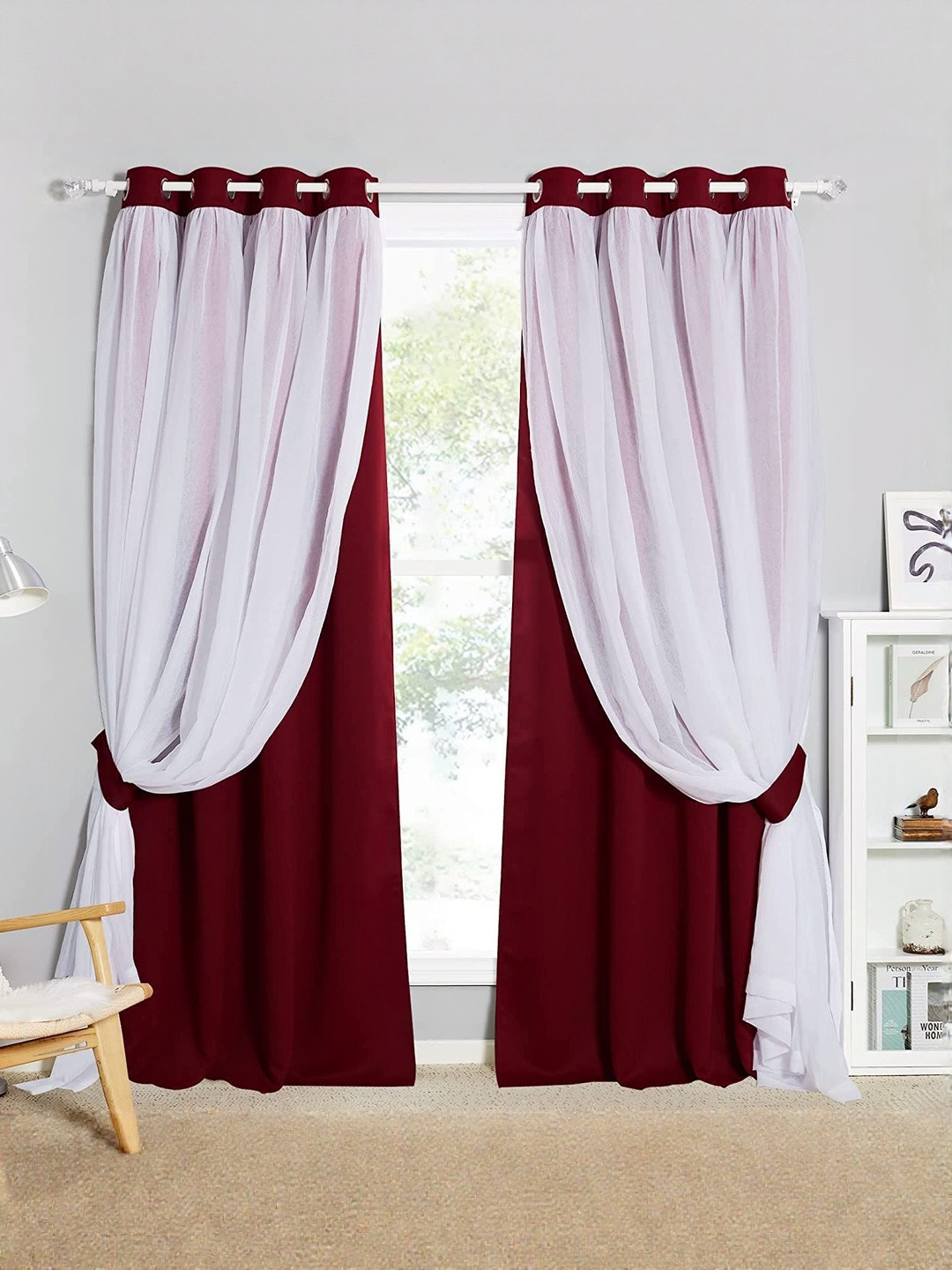 BFAM Maroon & White 2 Pieces Black Out Thermal Insulated Long Door Curtains