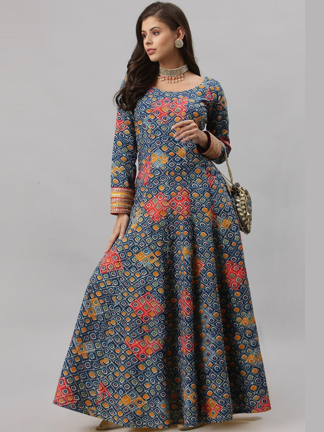 Sansudra Geometric Printed Gotta Patti Round Neck Anarkali Cotton Kurta