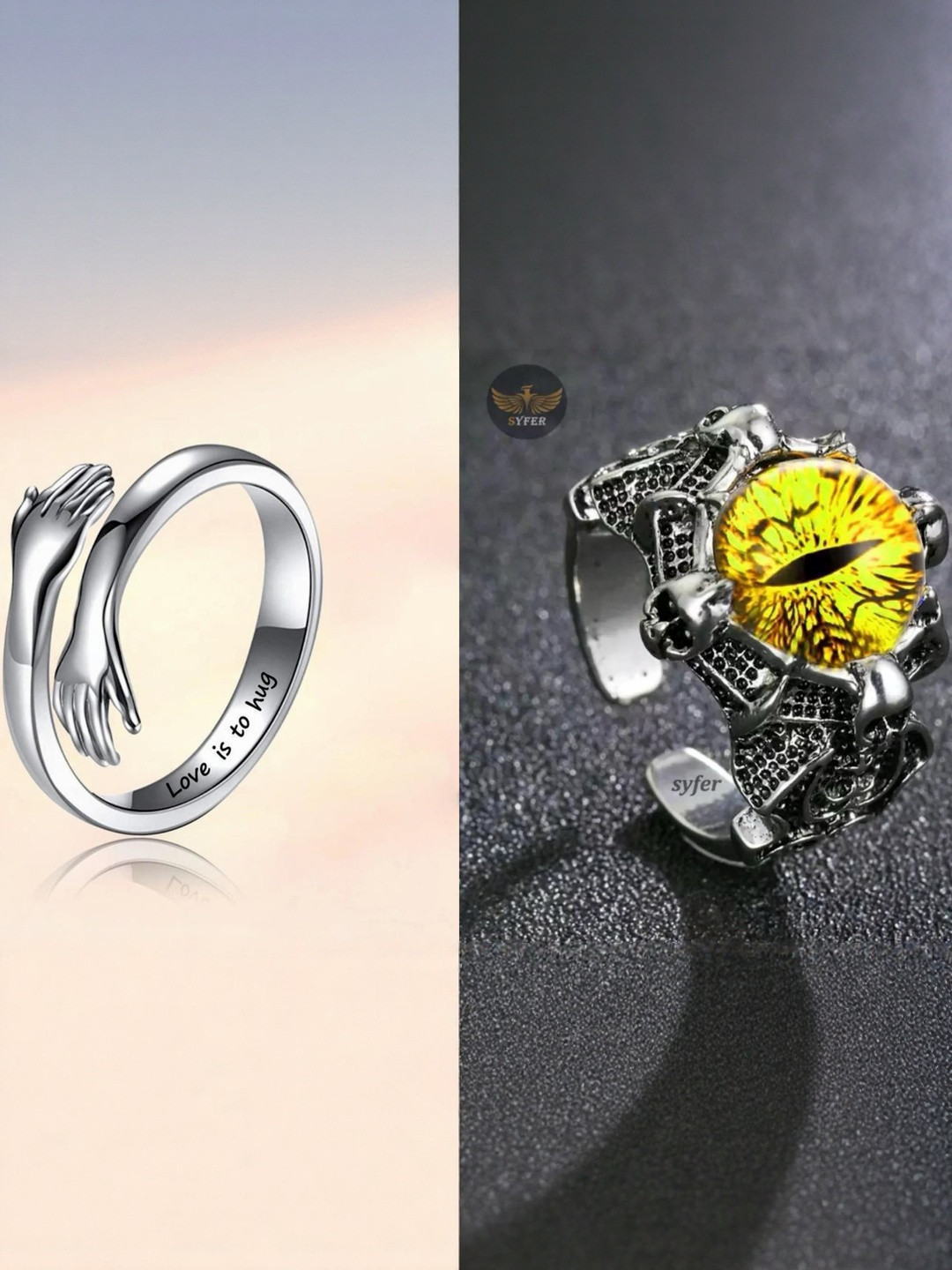 Teeragaj Set Of 2 Hug Shaped & Eye Shaped Adjustable Couple Finger Ring