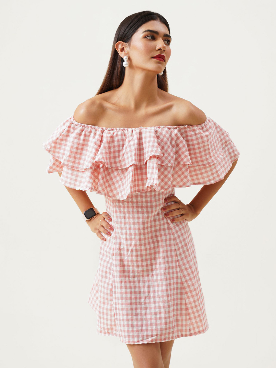 Mylin Checked Off-Shoulder Flutter Sleeve Ruffled A-Line Dress