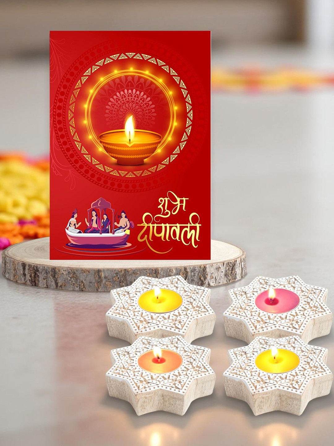 Golden Peacock White & Yellow 4 Pieces Wooden Star Tealight Candle Holders & Greeting Card