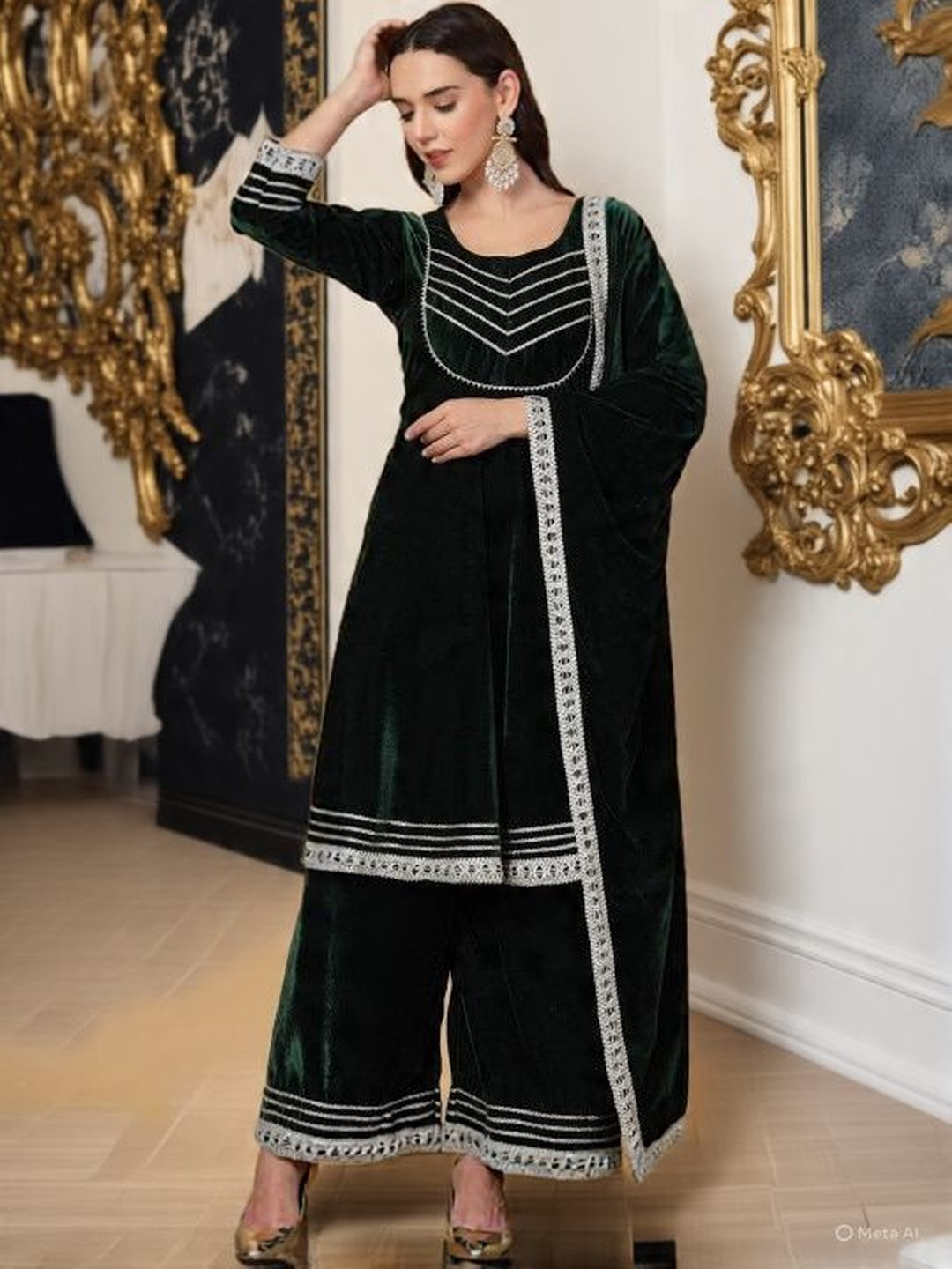 Moda Rapido Yoke Design Gotta Patti Velvet Anarkali Kurta Set With Palazzos & Dupatta