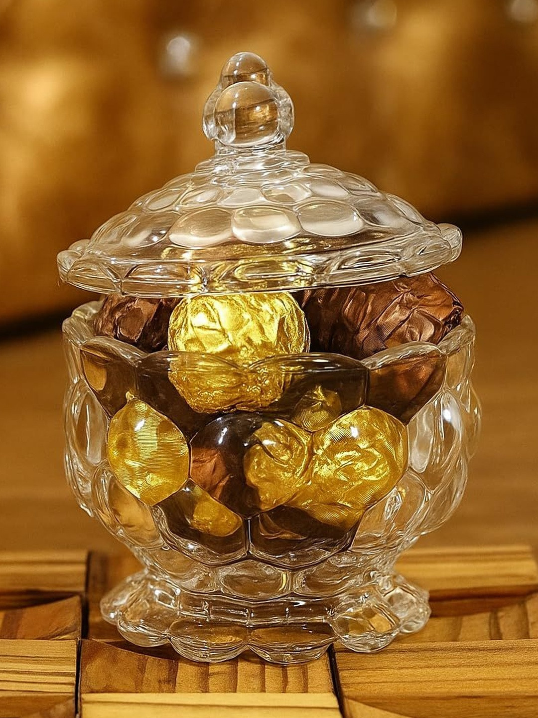 SOMIL Designer Candy Jar Transparent Textured Glossy Dishwasher Safe Serving Bowl