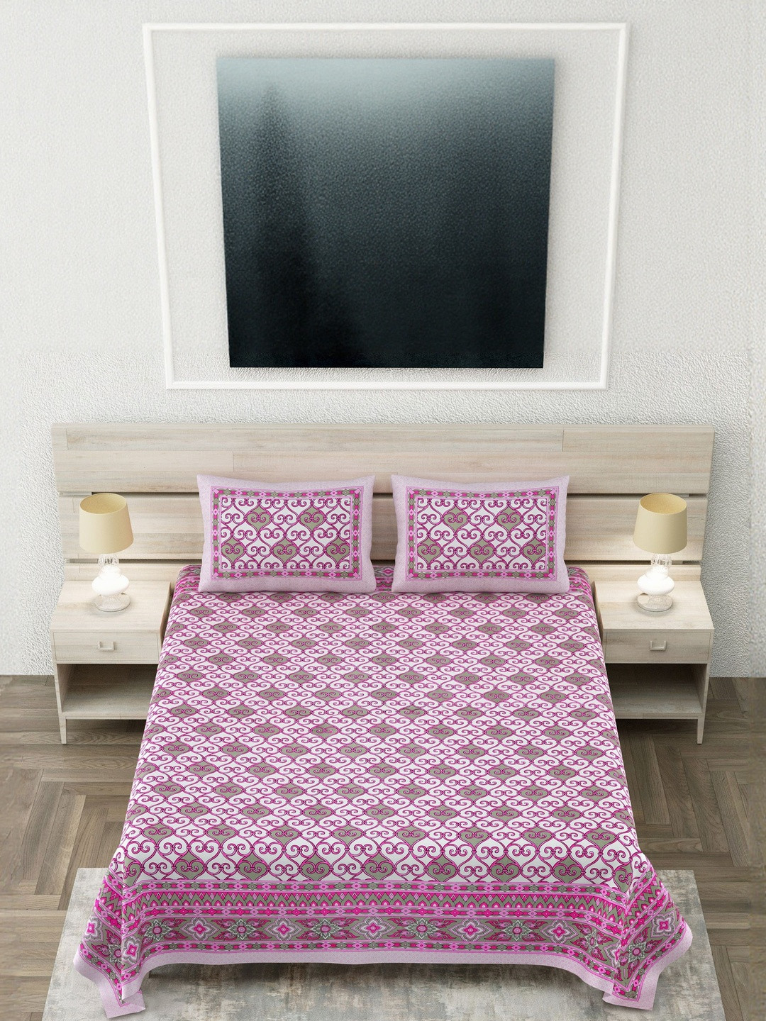 SP DESIGNS Pink & White Floral Pure Cotton 240 TC Super King Bedsheet Set-2.74 m X 2.74 m