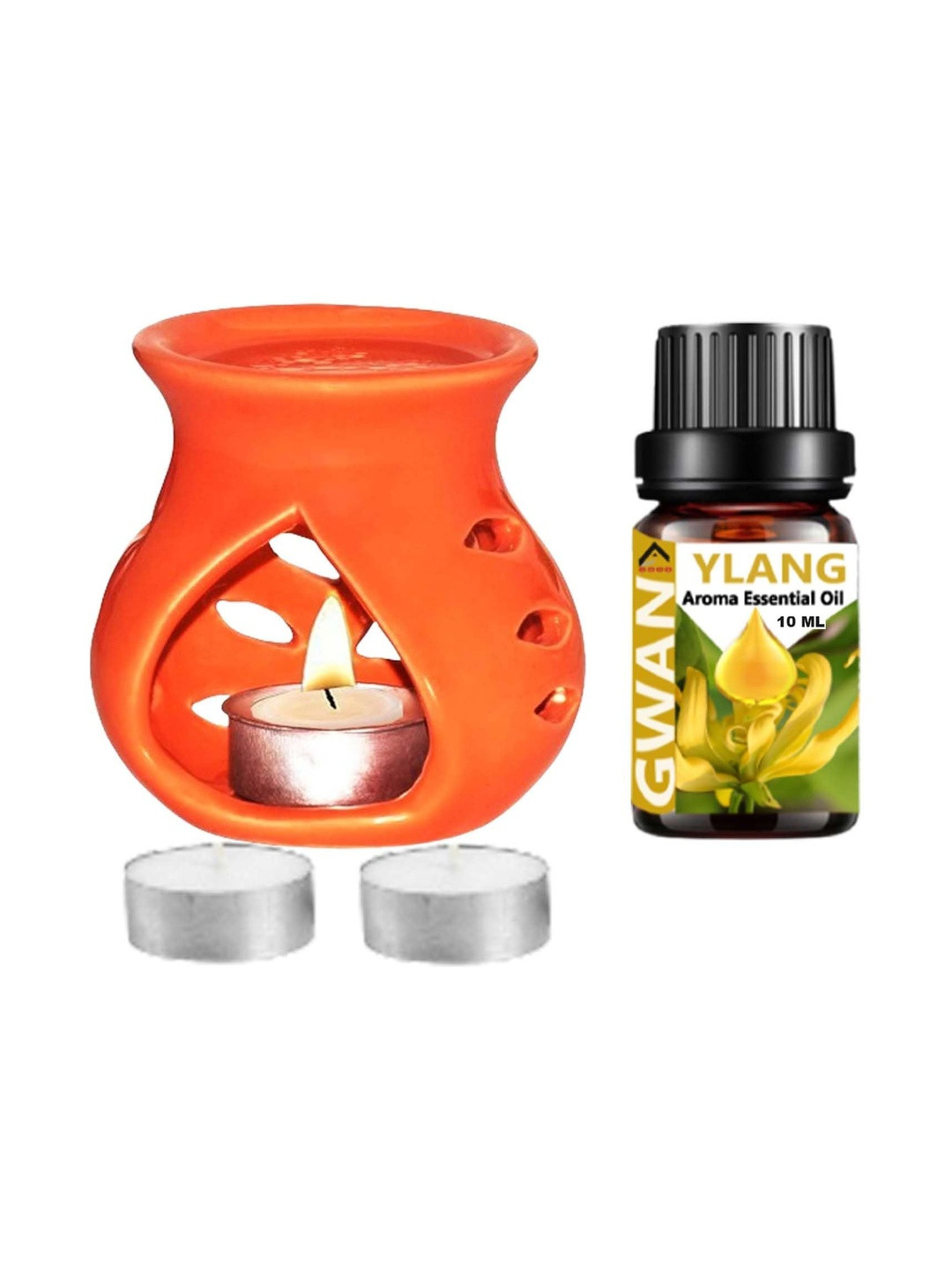 Gwan Orange 4 Pieces Ceramic Aroma Oil Diffuser & Tea Light Candle