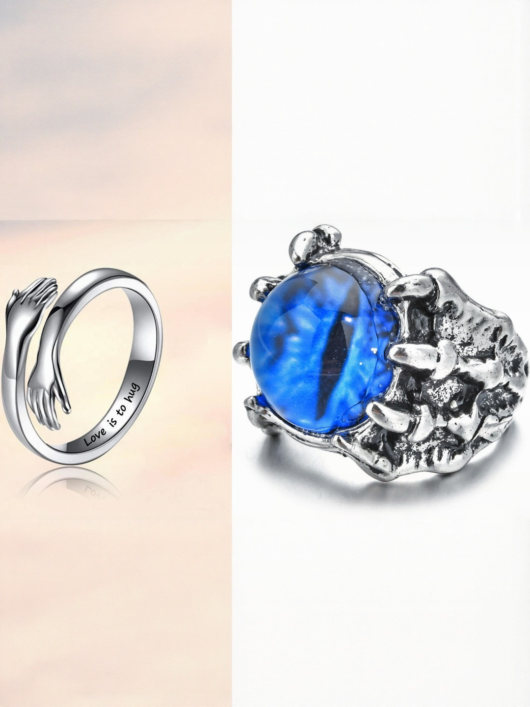 Teeragaj Set Of 2 Stones Studded Hug & Eye Adjustable Finger Rings