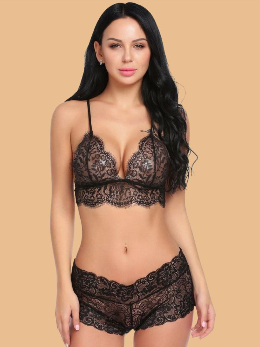 ZERJAMA Non Wired Full Coverage V-Neck Mid Waist 2 Pieces Lingerie Set LS-06114-BK