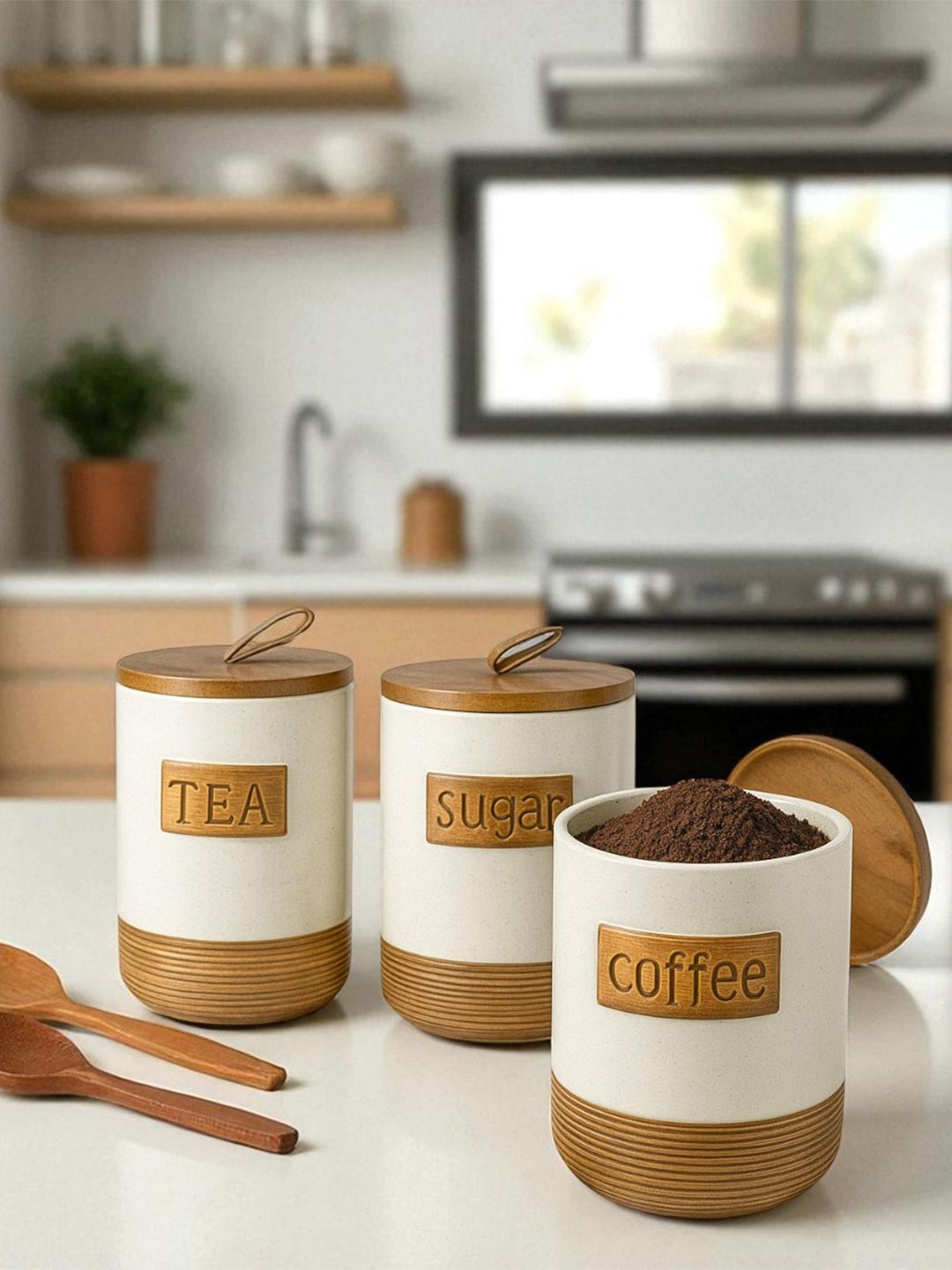 AARVI DECOR STUDIO Pack of 3 White Ceramic Container