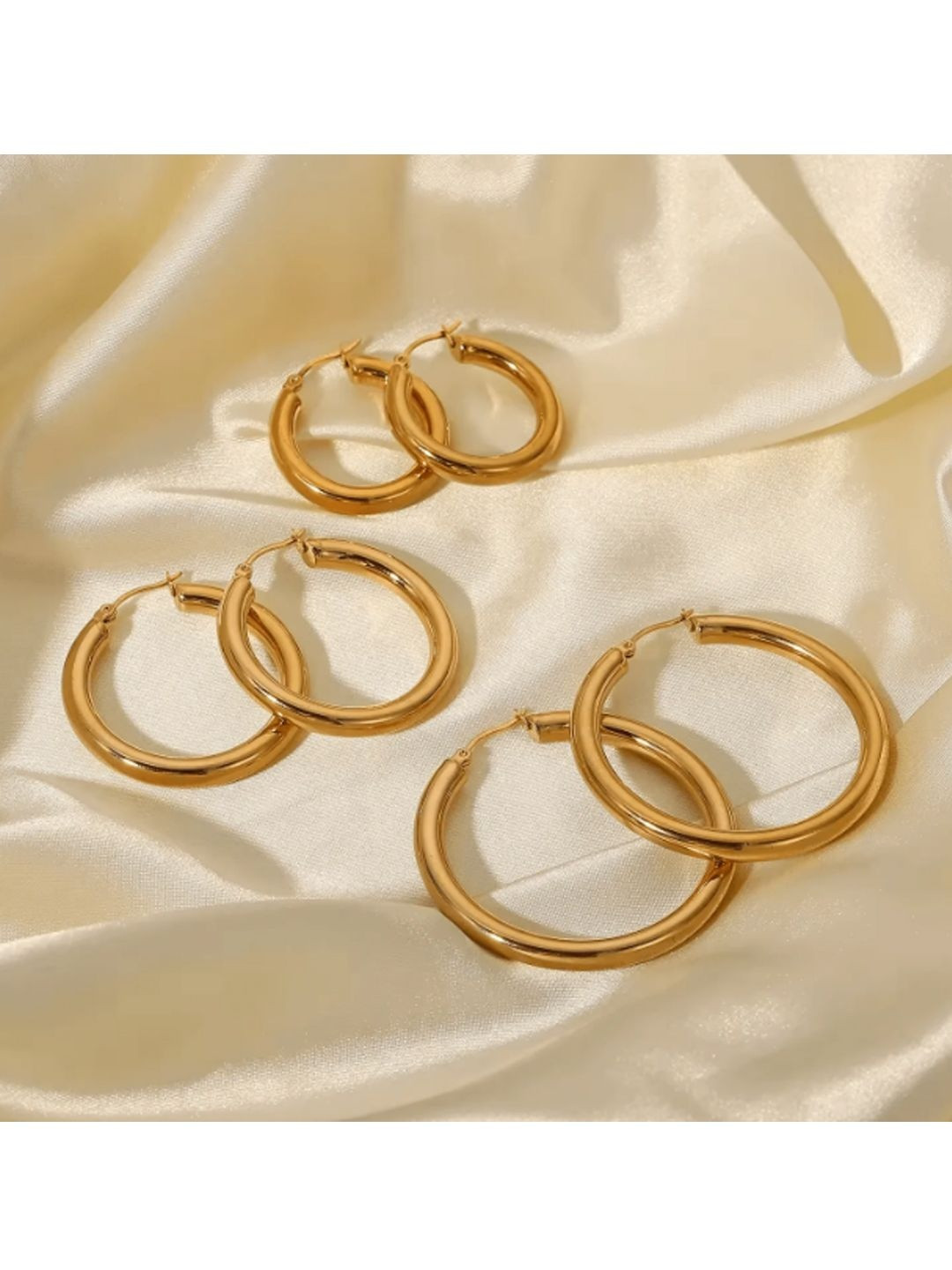 DIMPLERY Set Of 3 Stainless Steel Gold Plated Circular Hoop Earrings