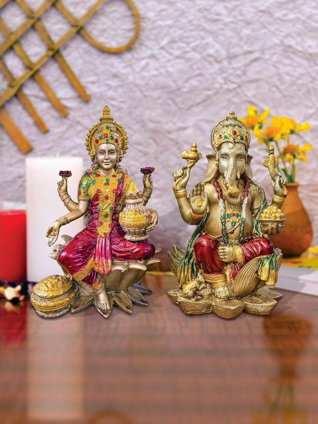 Mitti and More Brown & Pink 2 Pcs Resin Laxmi & Ganesh Religious Idol Showpieces