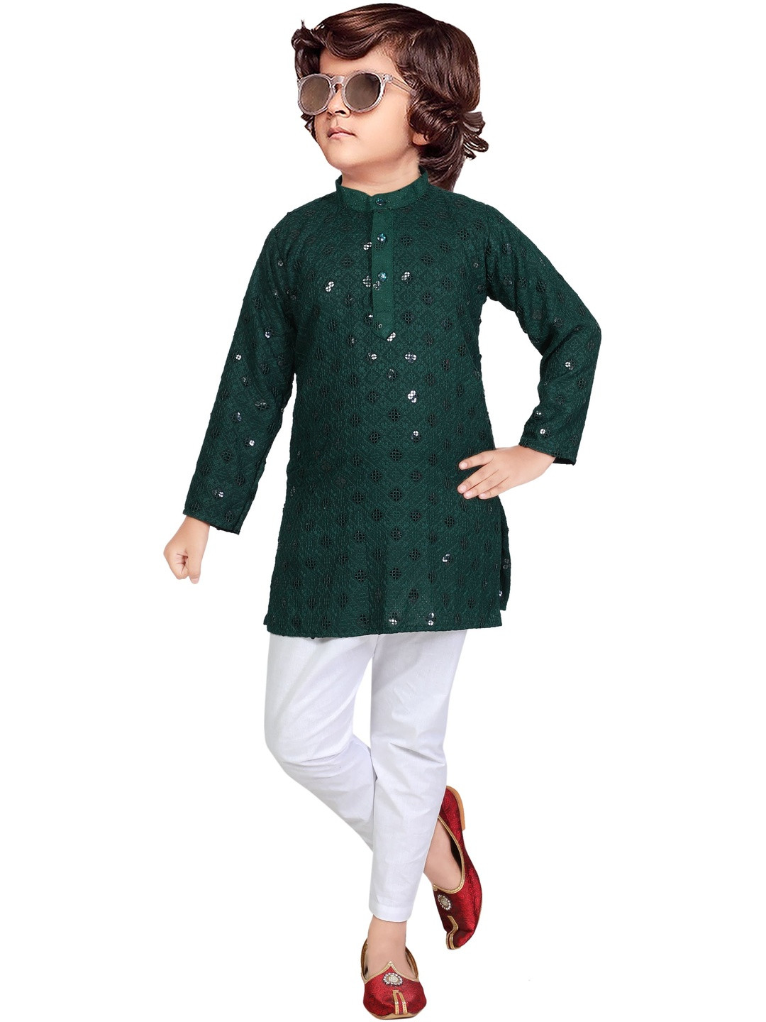 Taimoor Garments Infant Boys Mandarin Collar Sequinned Straight Kurta With Pyjamas