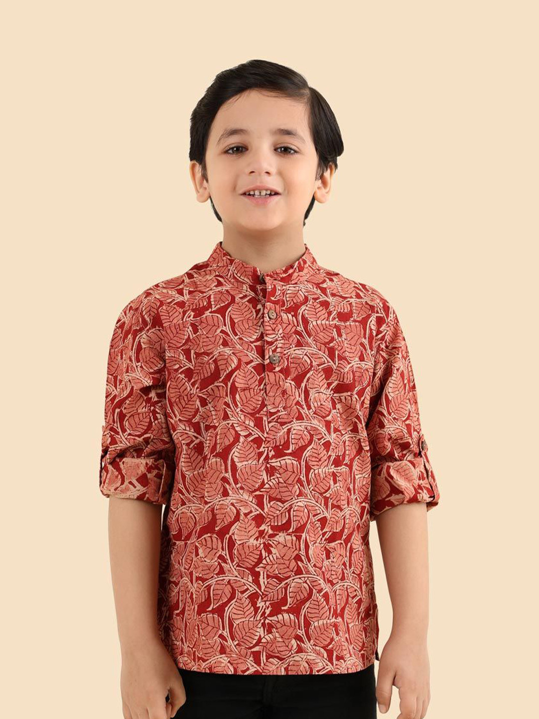Fabindia Boys Floral Kalamkari Printed Band Collar Straight Cotton Kurta