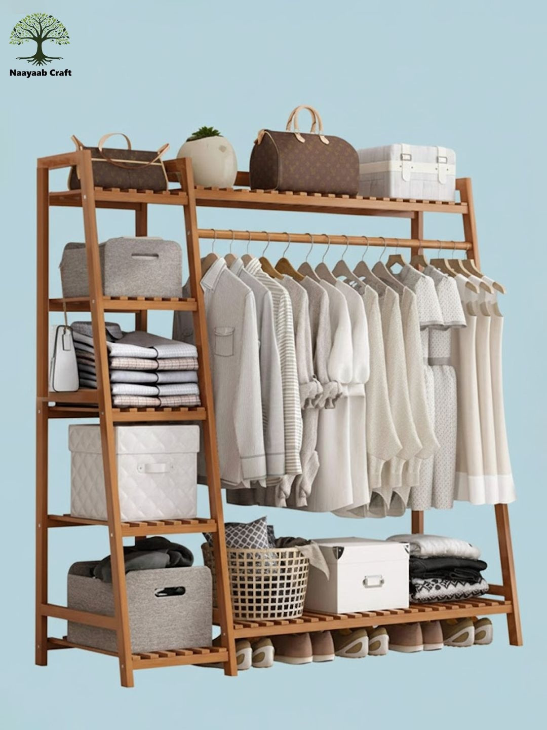 Naayaab Craft 5-Tier Bamboo Coat Free Clothes Rack Stand