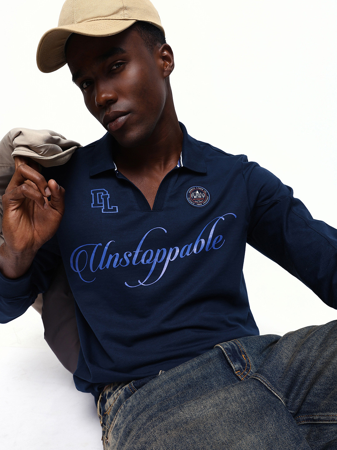 Dennis Lingo Men Typography Printed Polo Collar Indigo Relaxed Fit T-shirt