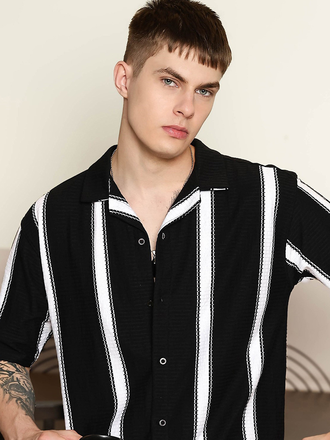 Maniac Men Vertical Striped Cuban Collar Cotton Casual Shirt