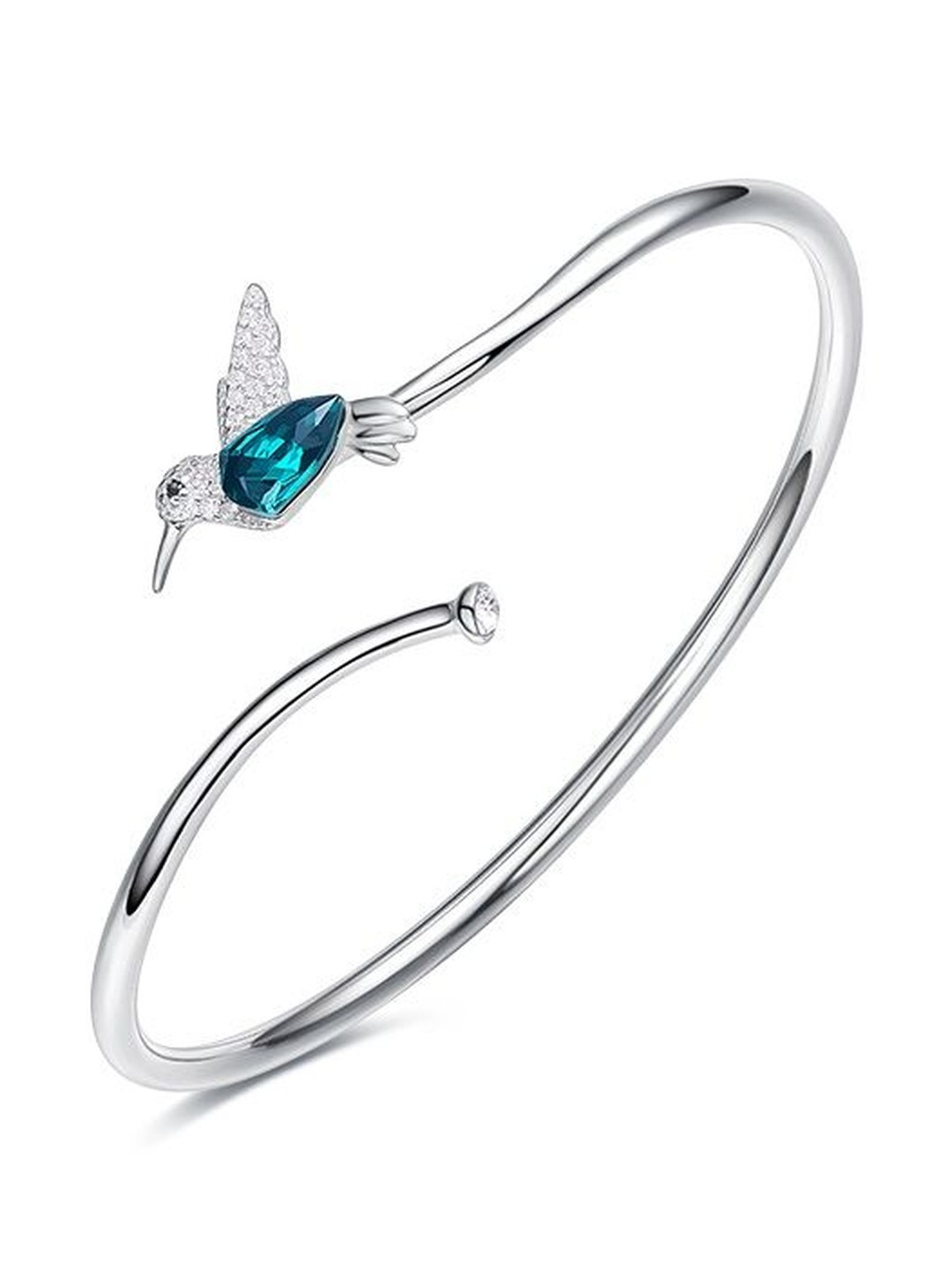 MYSTICFLAVIA Women Green & Rhodium-Plated Crystal Bird Sterling Silver Bracelet