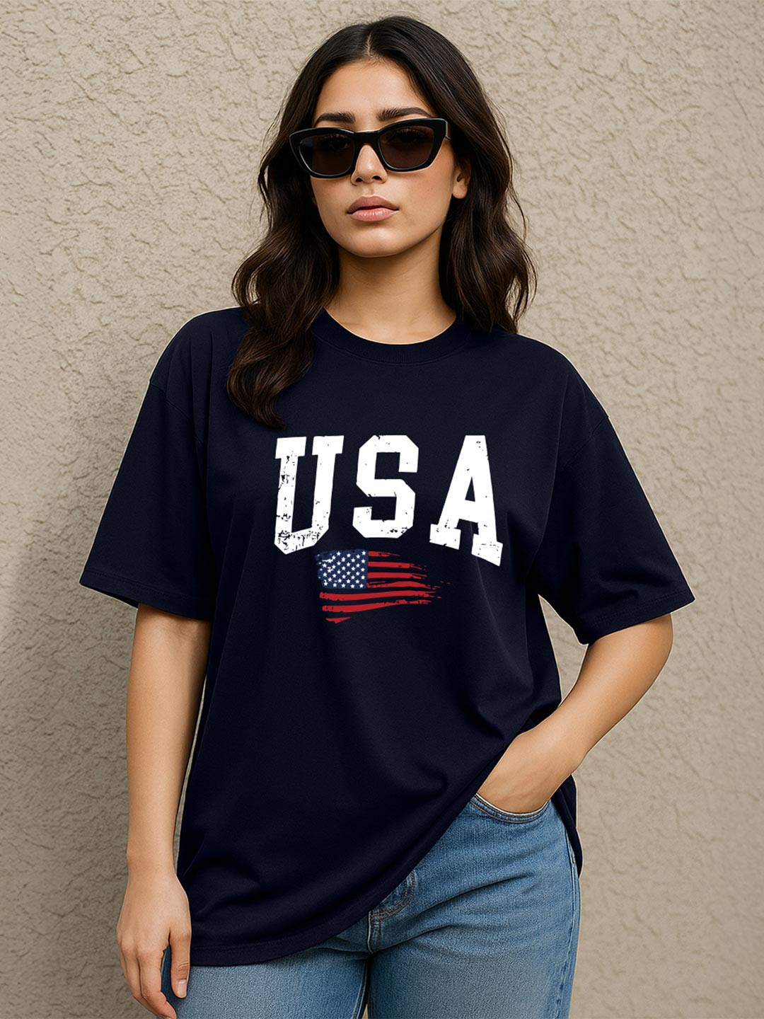 JUNEBERRY Women Navy USA Printed Round Neck Relaxed Fit Pure Cotton Oversized T-shirt